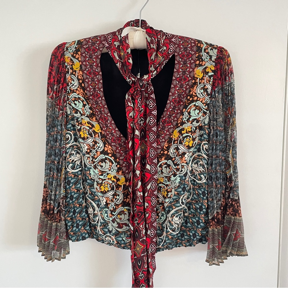 Alice + Olivia Multicolor Paisley Tie-Neck Blouse (Red, Teal, Yellow, Cream)